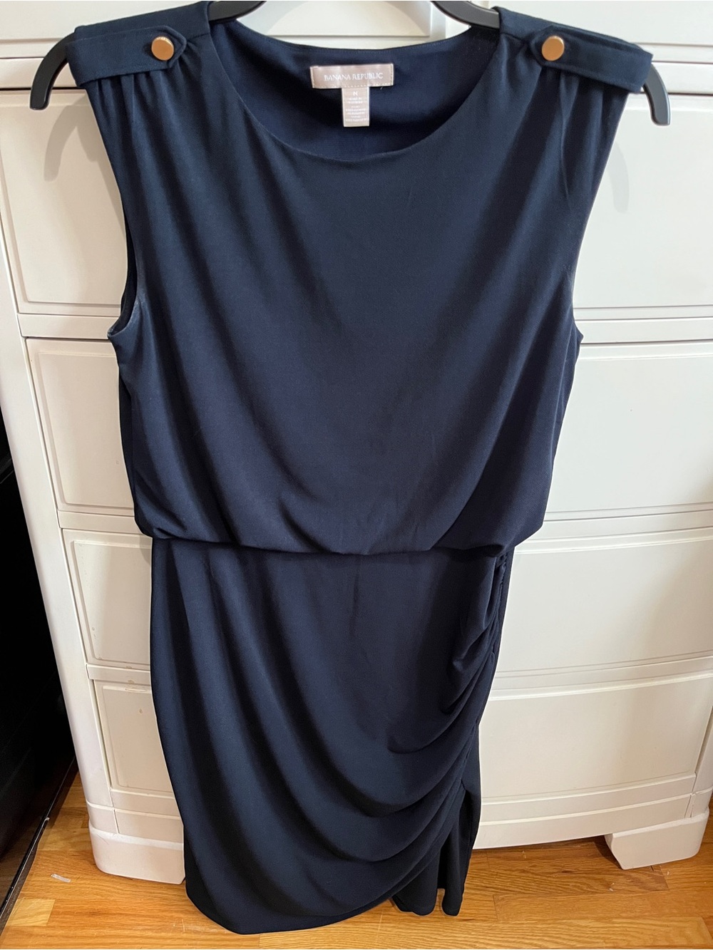 Banana Republic Navy Sleeveless Draped Midi Dress with Gold Buttons